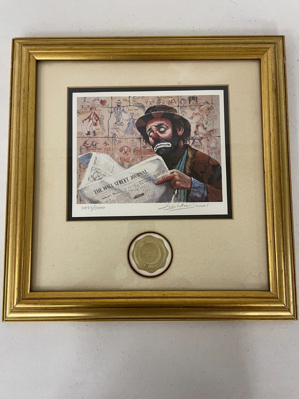 EMMETT KELLY LITHOGRAPH Tycoon Clown Circus Art Signed Gold Frame 16x16 Rare